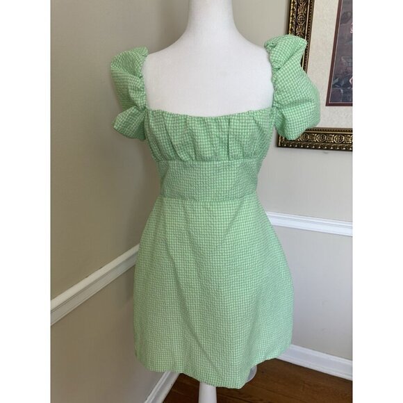Zara Size L Green White Gingham Lace Up Back Puff Sleeve Mini Dress Seersucker - Picture 1 of 6